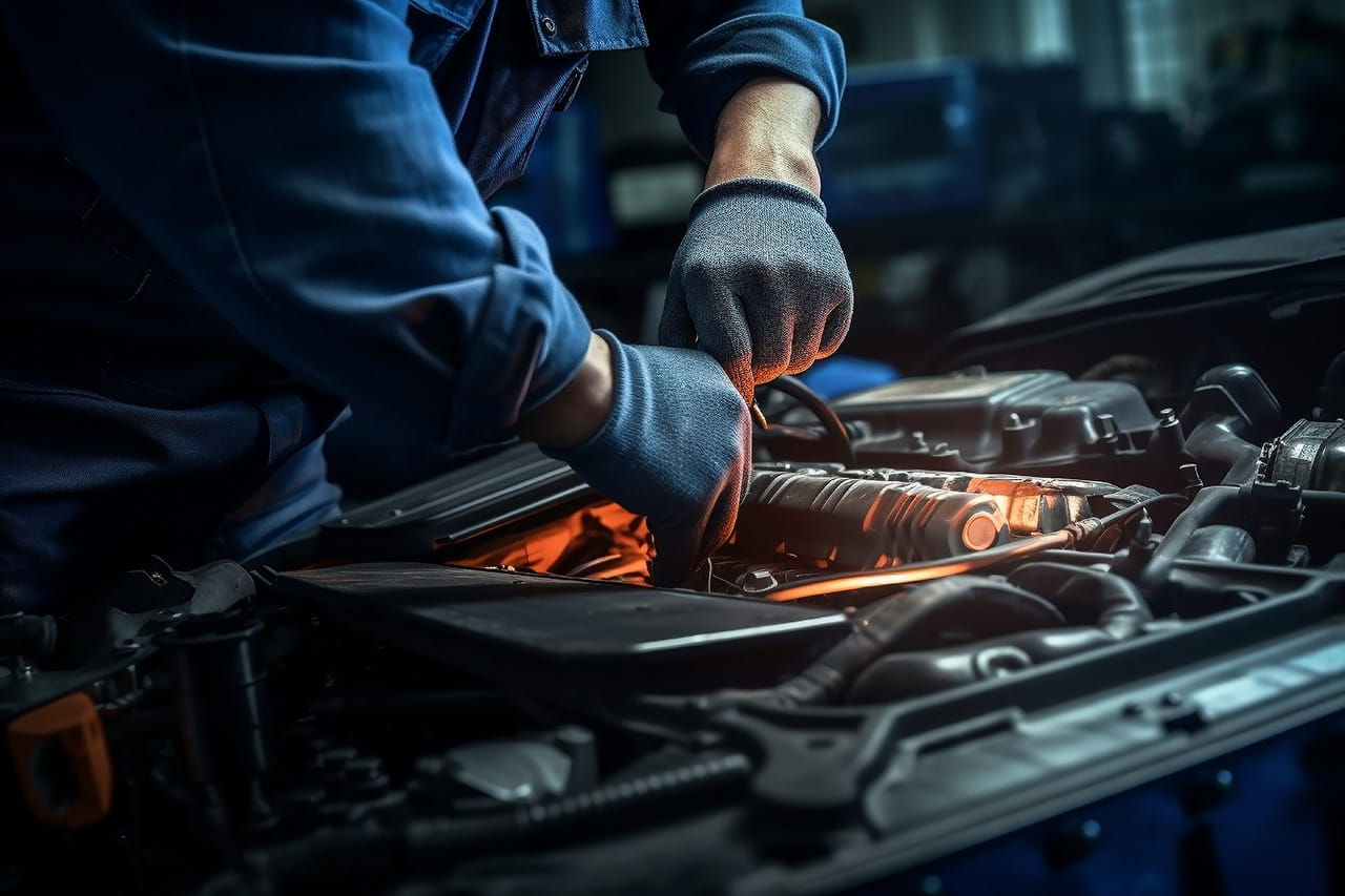 車のフロントを整備している様子